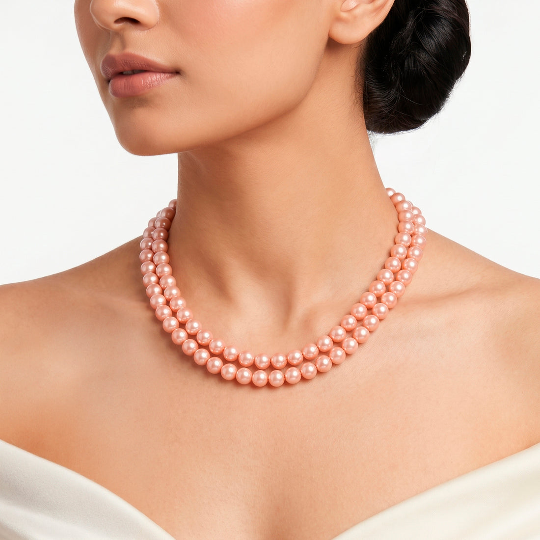 PRAO Necklace Anti-Tarnish Double Line Rose Pink Pearl