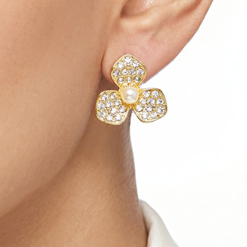 PRAO Earrings Anti-Tarnish Crystal Flower Studs With Faux Pearl Center