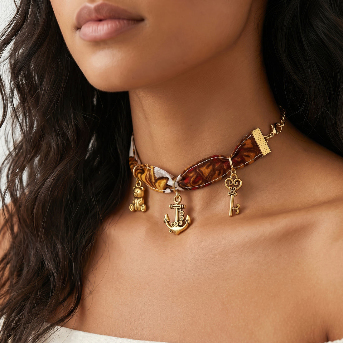 PRAO Necklace Cum Bracelet Anti-Tarnish Convertible With Silky Print And Gold Charms