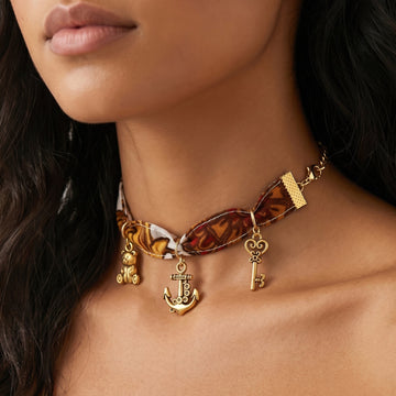 PRAO Necklace Silky Print Satin Choker With Gold Charms