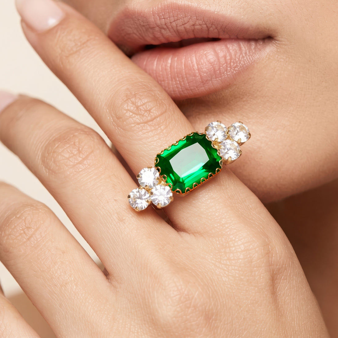 PRAO Ring Anti-Tarnish Green Crystal Ring (Adjustable Size)
