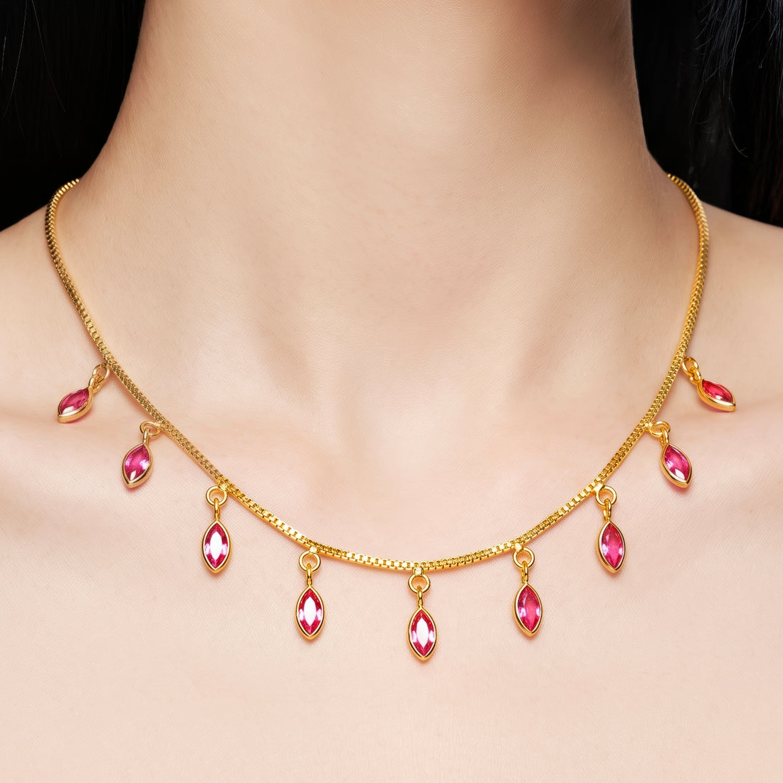 PRAO Necklace Anti-Tarnish Pink Fringe Chain