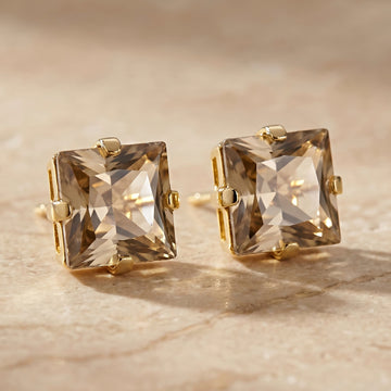 PRAO Earrings Anti-Tarnish Cushion Rhinestone Topaz Studs