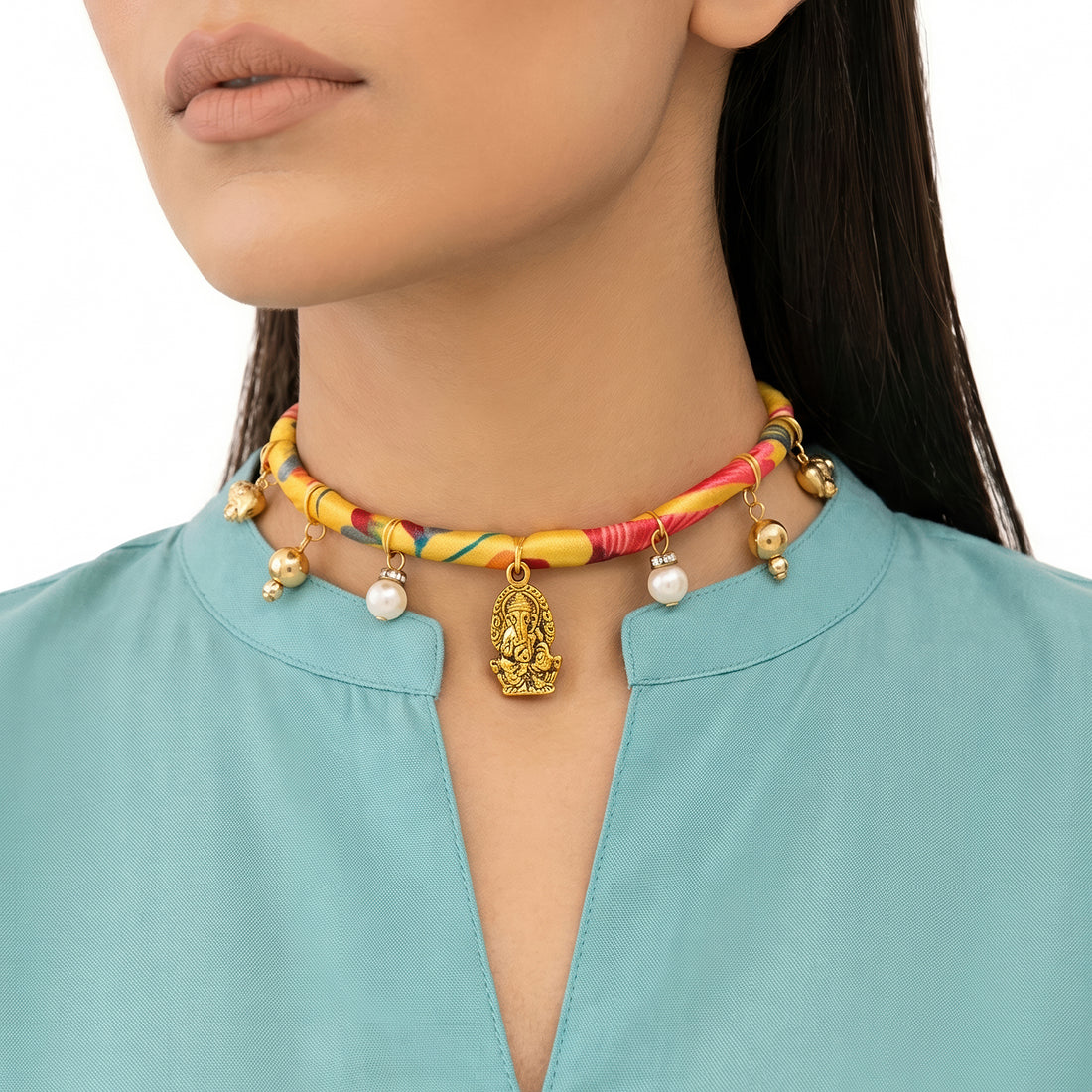 PRAO Necklace Anti-Tarnish Yellow Printed Fabric With Ganesha Pendant And Charms