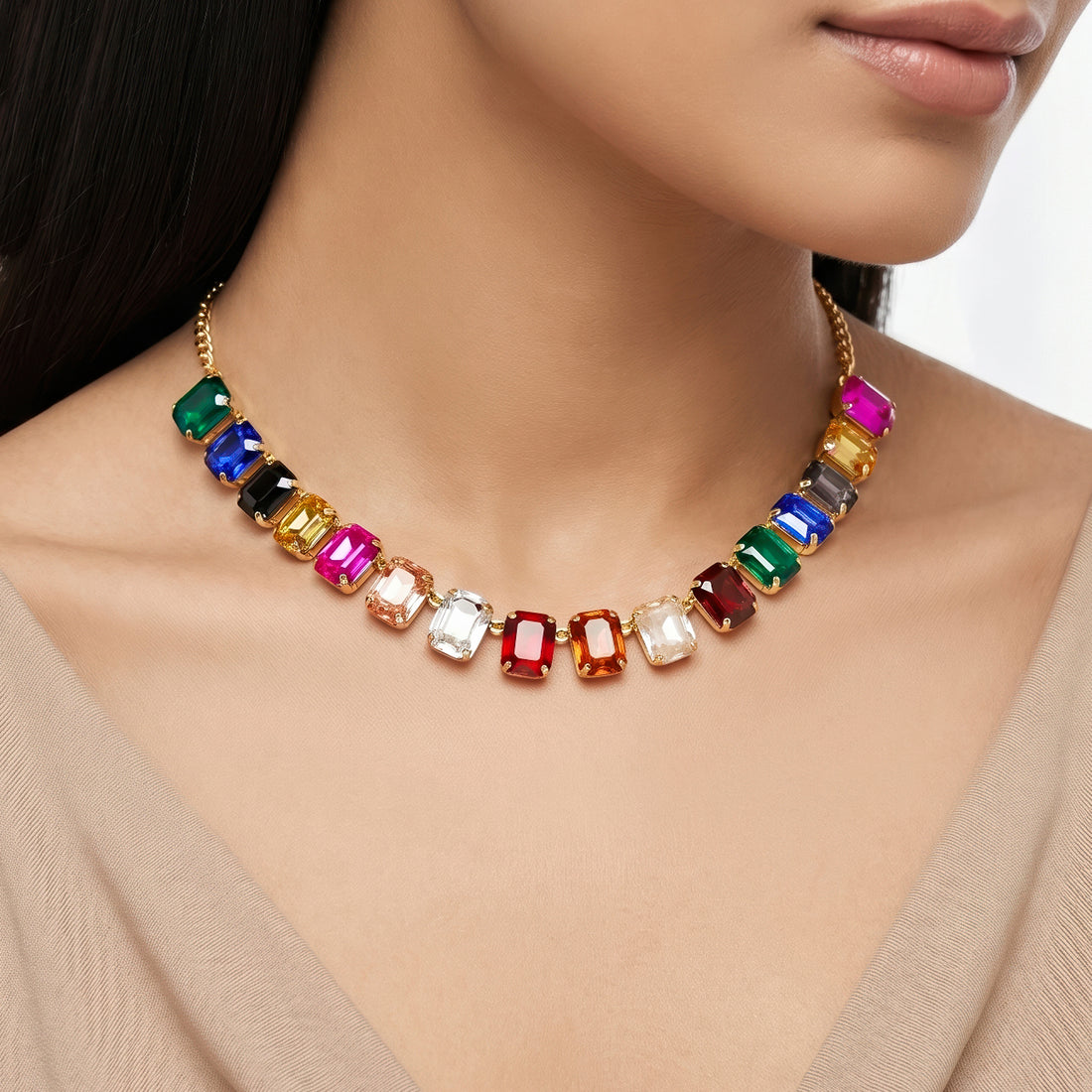 PRAO Necklace Anti-Tarnish Multicolor Emerald-Cut Crystal Single-Line