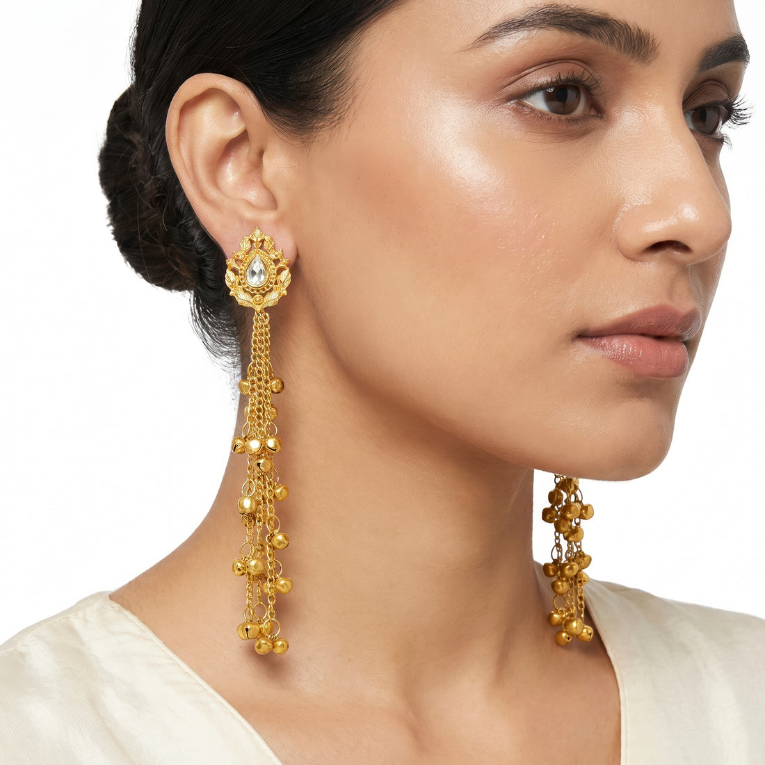PRAO Earrings Anti-Tarnish Extra-Long Kashmiri Leafy Crystal Tops