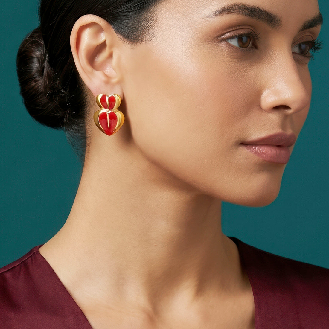 PRAO Earrings Anti-Tarnish Tiered Red Enamel Heart Drop