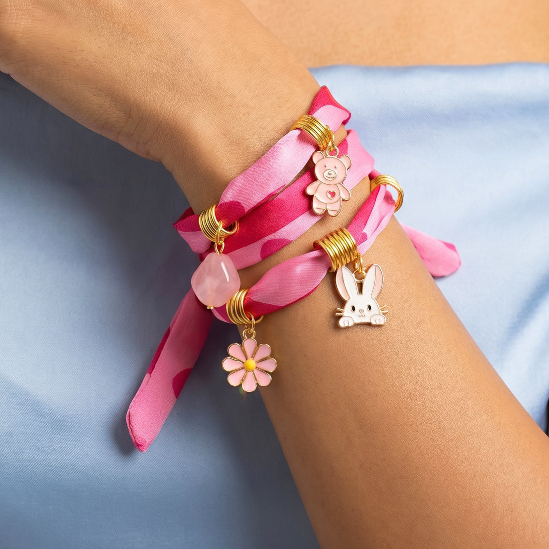PRAO Necklace Anti-Tarnish Vibrant Braided Pink Fabric Choker With Rabbit, Bear And Flower Charms