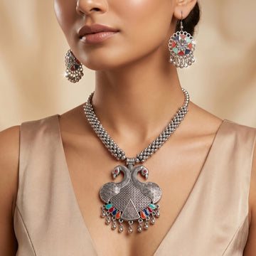 PRAO Necklace Anti-Tarnish Peacock Pendant Oxidised Set With Earrings