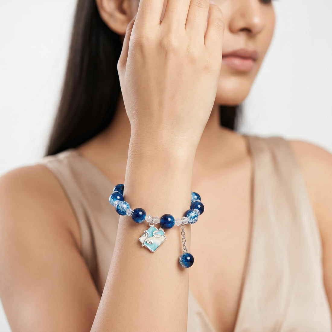 PRAO Bracelet Anti-Tarnish Blue Crackle Floral Charm Bracelet (Adjustable Size)