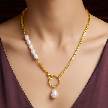 PRAO Necklace Anti-Tarnish Gold Plated Pearl Baroque
