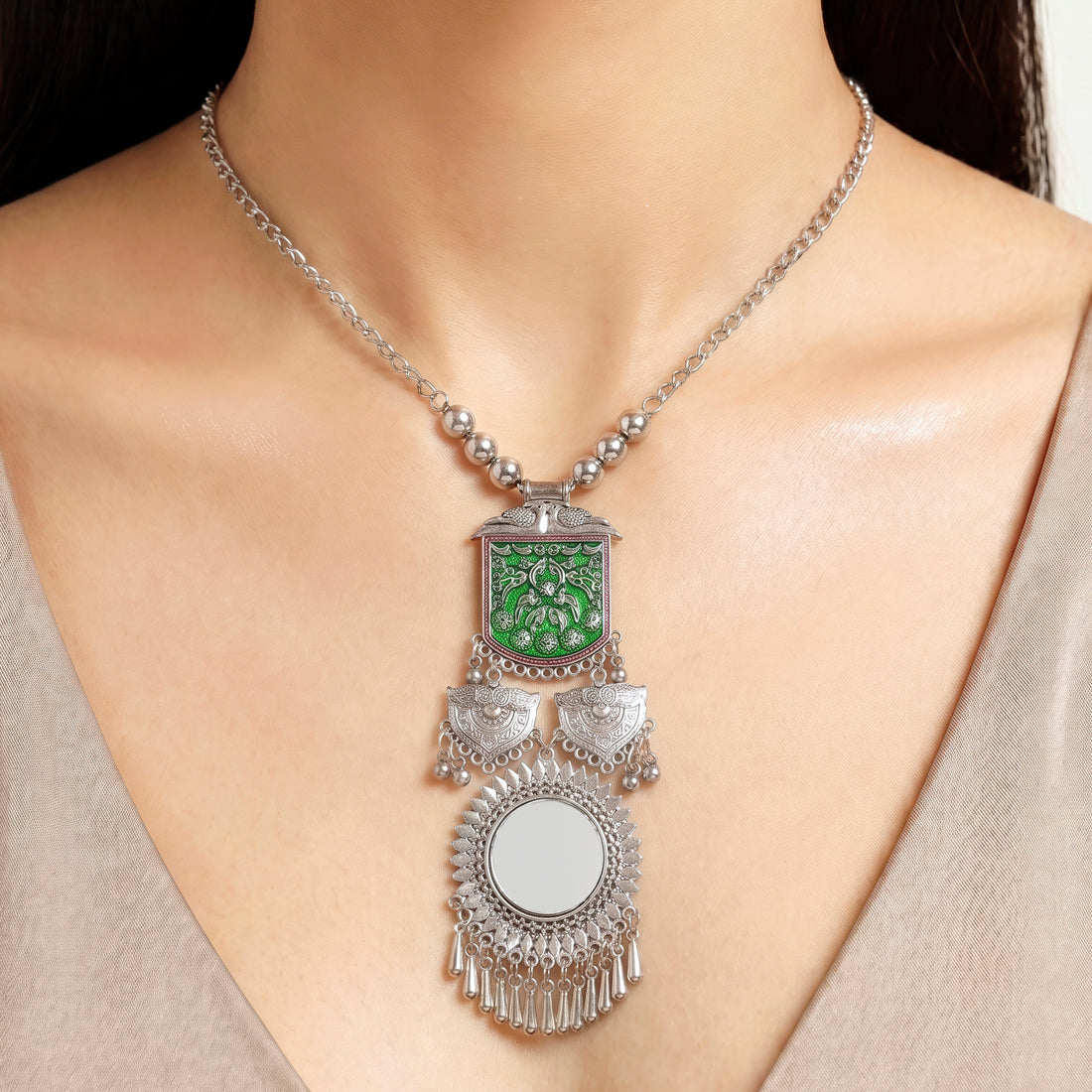 PRAO Necklace Anti-Tarnish Green Enamel Oxidized Set With Earrings