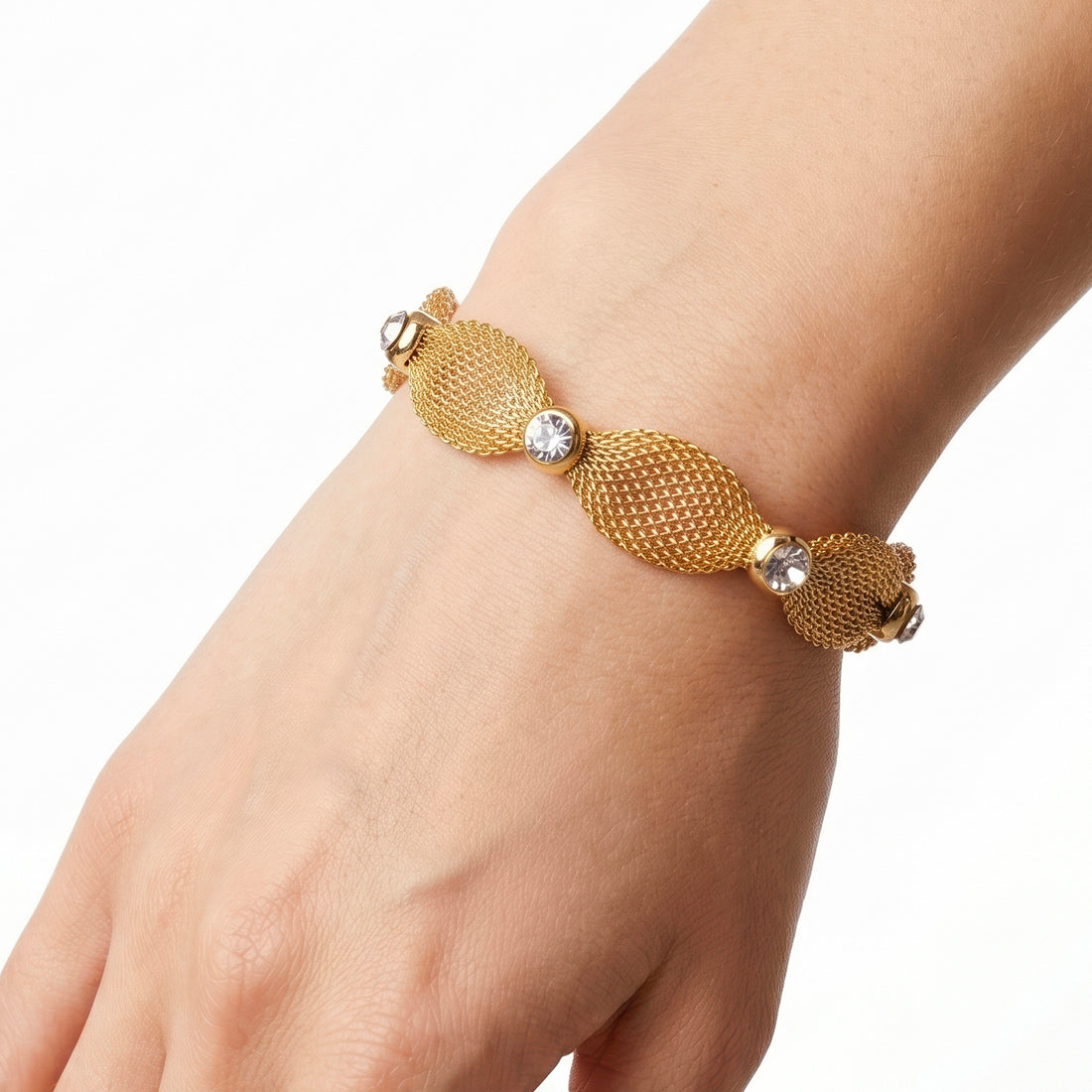 PRAO Bracelet Anti-Tarnish Crystal Accent Mesh Bangle (Adjustable Size)