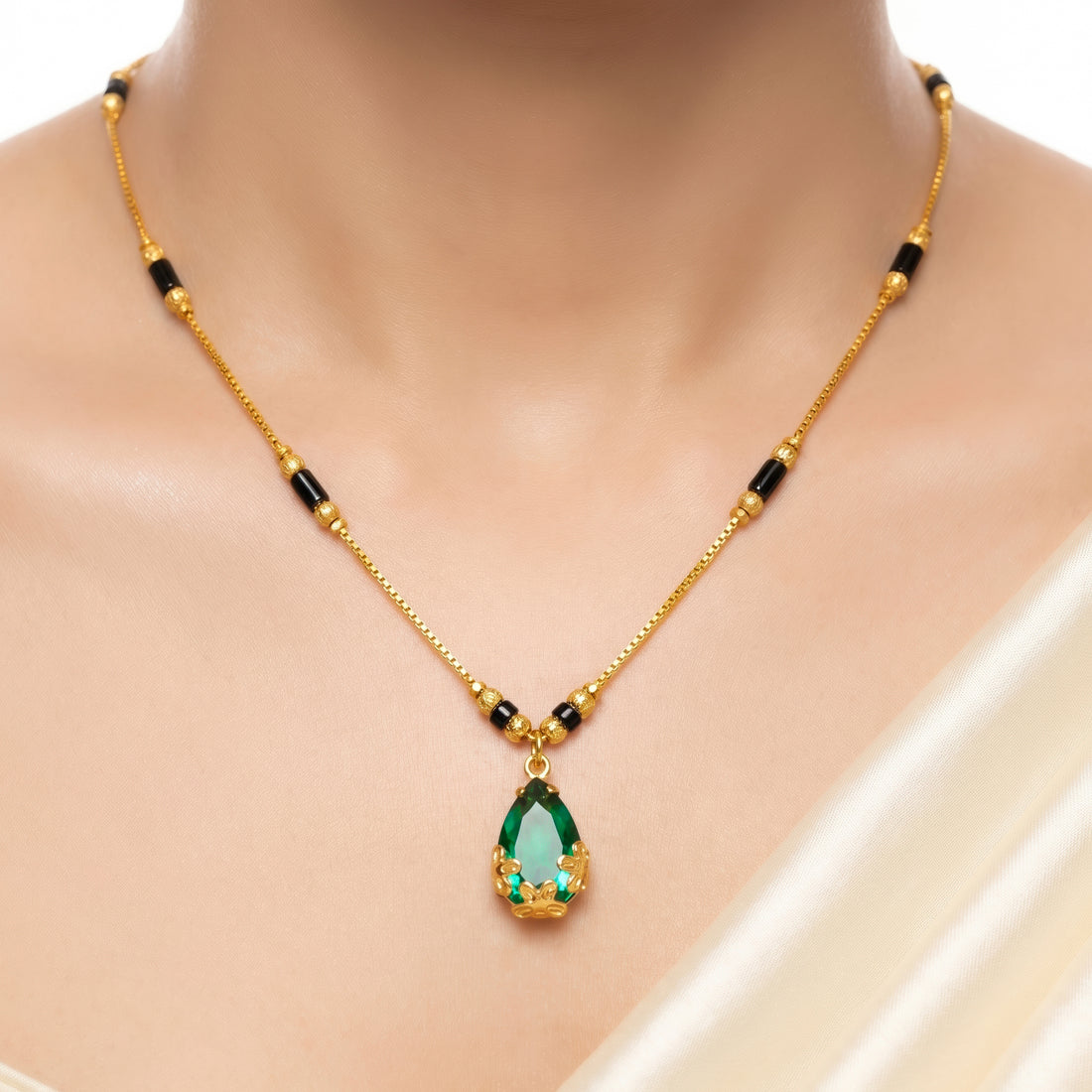 PRAO Necklace Anti-Tarnish Emerald Teardrop Pendant, Black Beads, Ornate Metalwork