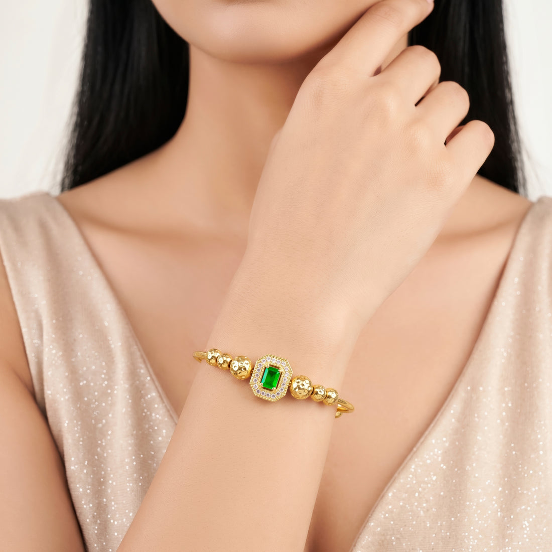 PRAO Bracelet Anti-Tarnish Emerald-Cut Green Stone Bangle With Octagonal Crystal Border (Adjustable Size)