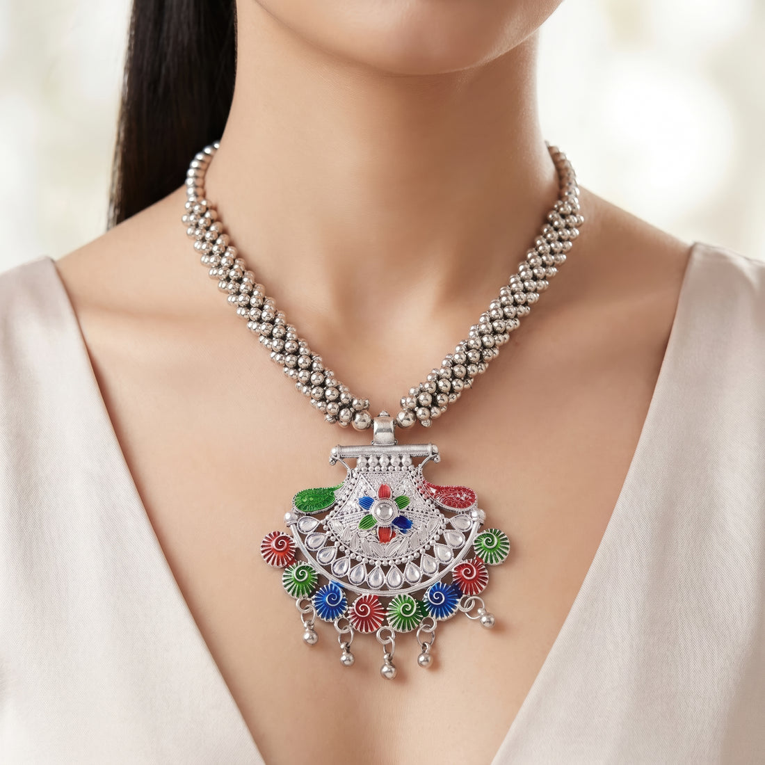 PRAO Necklace Anti-Tarnish Oxidised Enamel Chandbali Set With Earrings