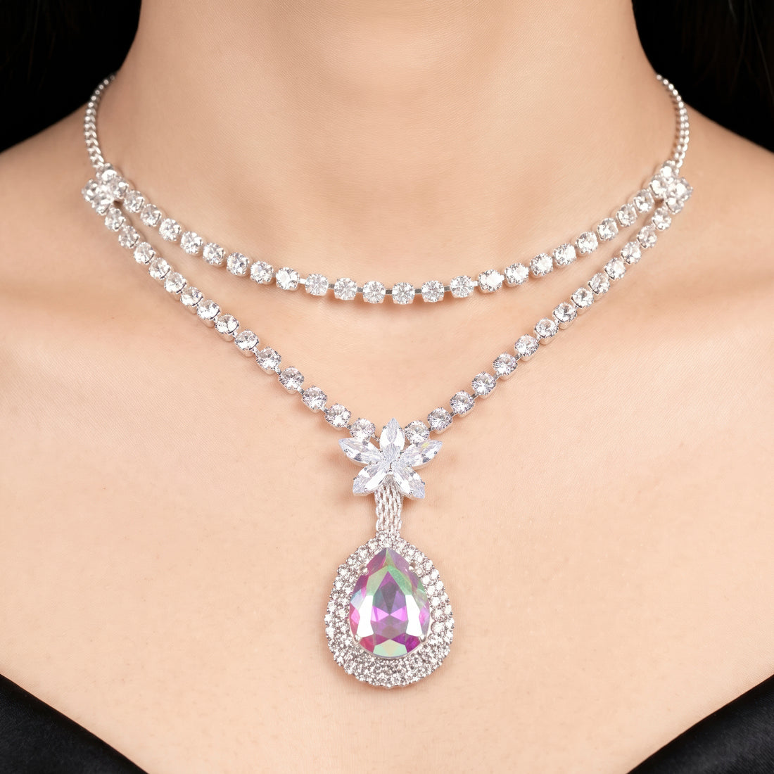 PRAO Necklace Anti-Tarnish Layered Chain With Floral Connector And Iridescent Teardrop Pendant