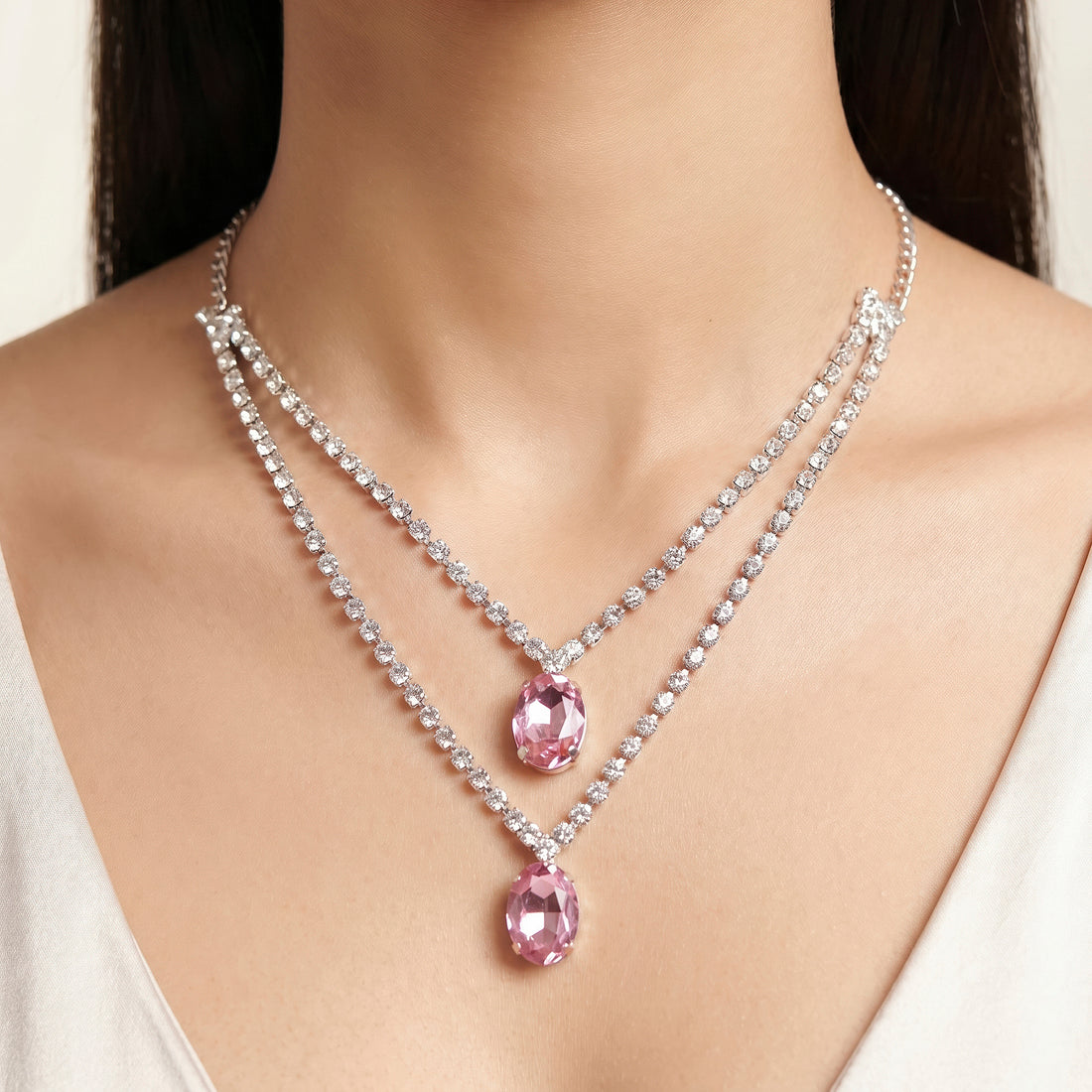 PRAO Necklace Anti-Tarnish Double Layer Crystal Pendant Set With Earring