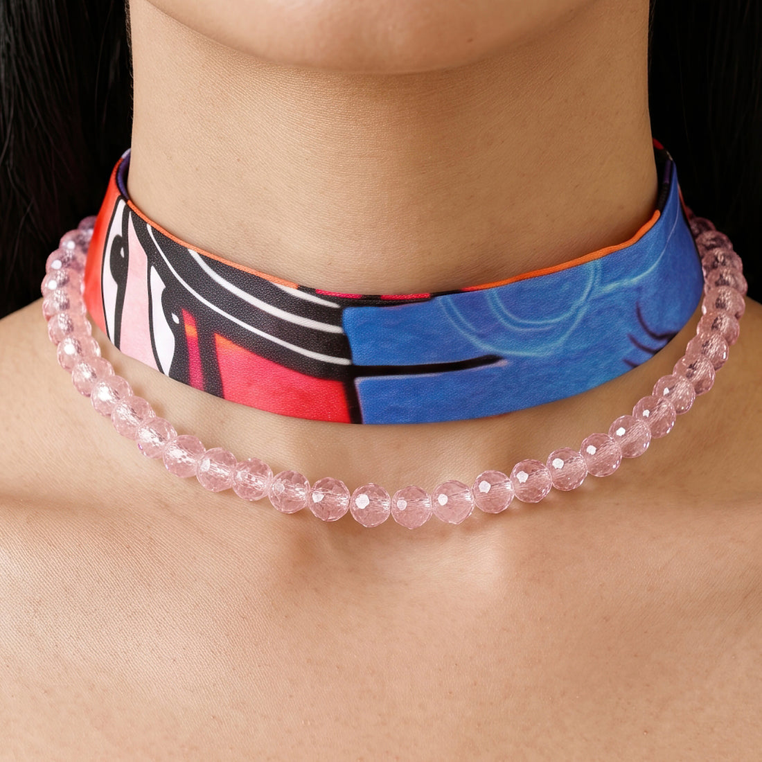PRAO Necklace Anti-Tarnish Graphic Fabric Bead Choker Set