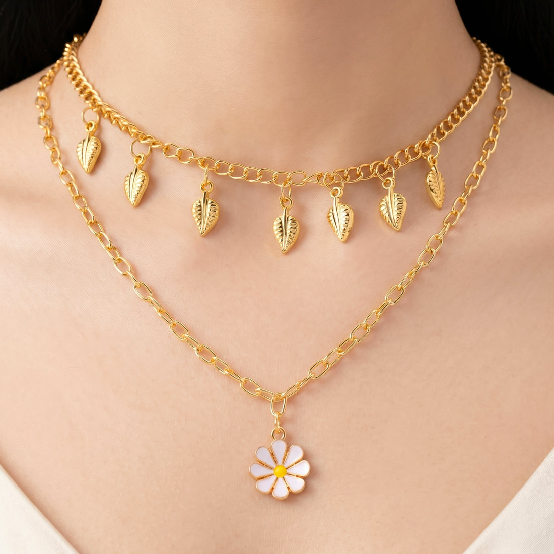 PRAO Necklace Anti-Tarnish Daisy Charm Double-Layer Chain