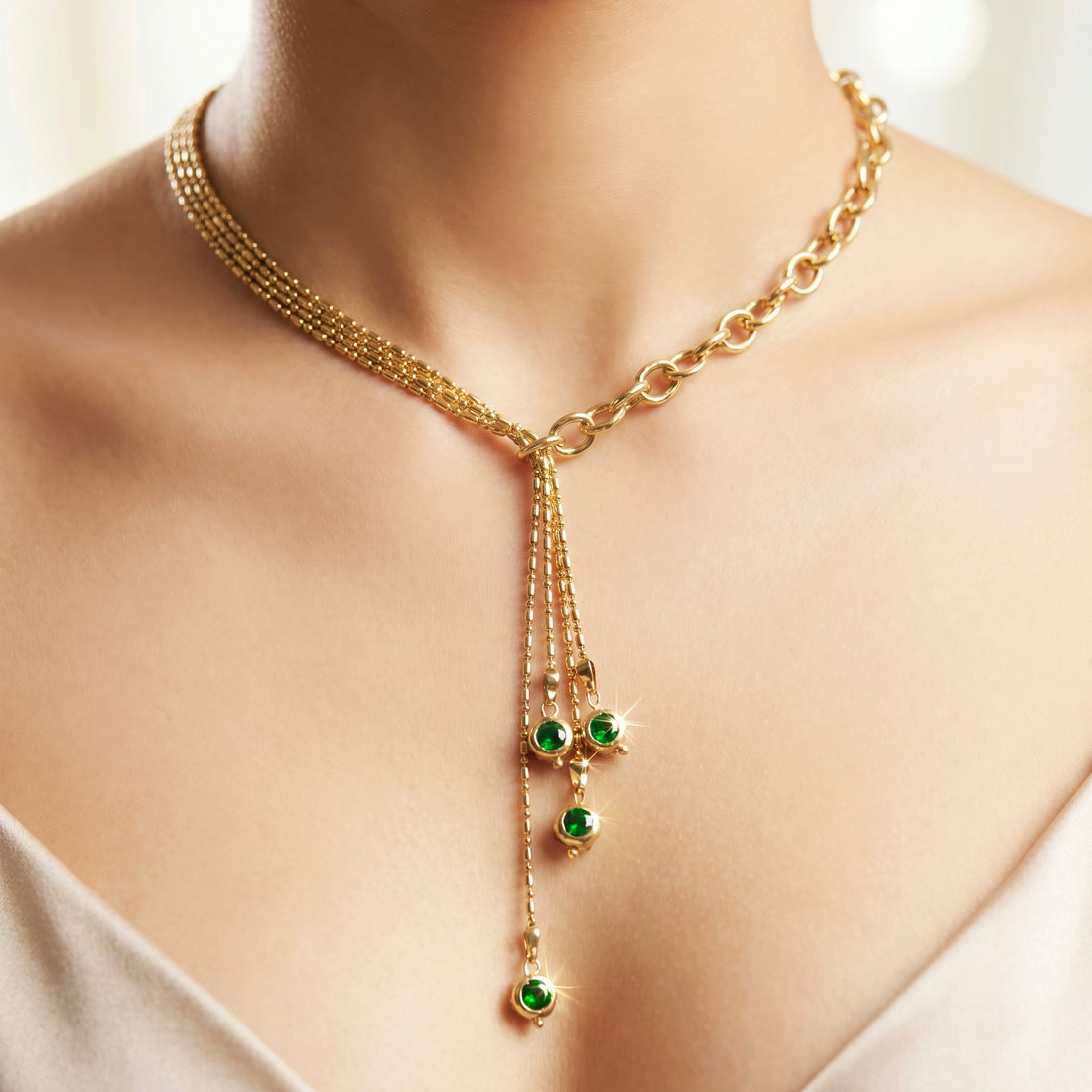 PRAO Necklace Anti-Tarnish Capsule Chain Y-Shape With Emerald Crystal Accents