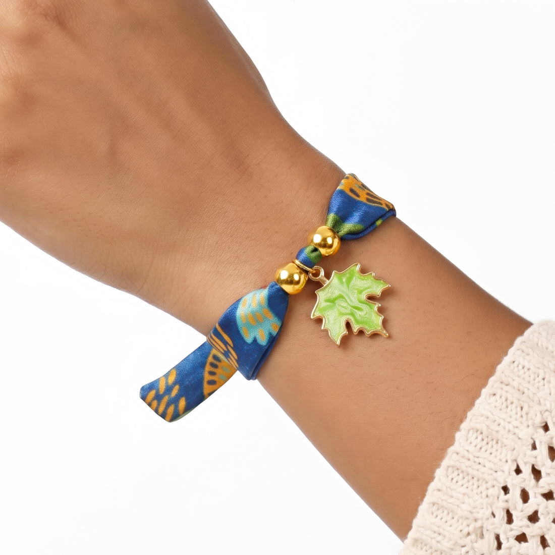 PRAO Bracelet Anti-Tarnish Vibrant Blue Fabric With Leaf Charm (Adjustable Size)