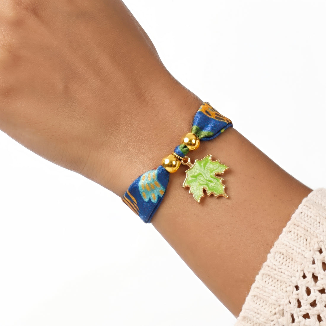PRAO Bracelet Anti-Tarnish Vibrant Blue Fabric With Leaf Charm (Adjustable Size)