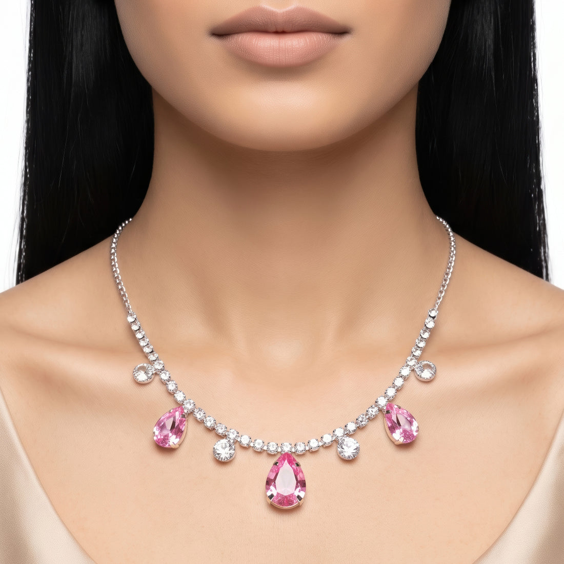 PRAO Necklace Anti-Tarnish Rhinestone Chain With Five Teardrop Pink Crystal Charms