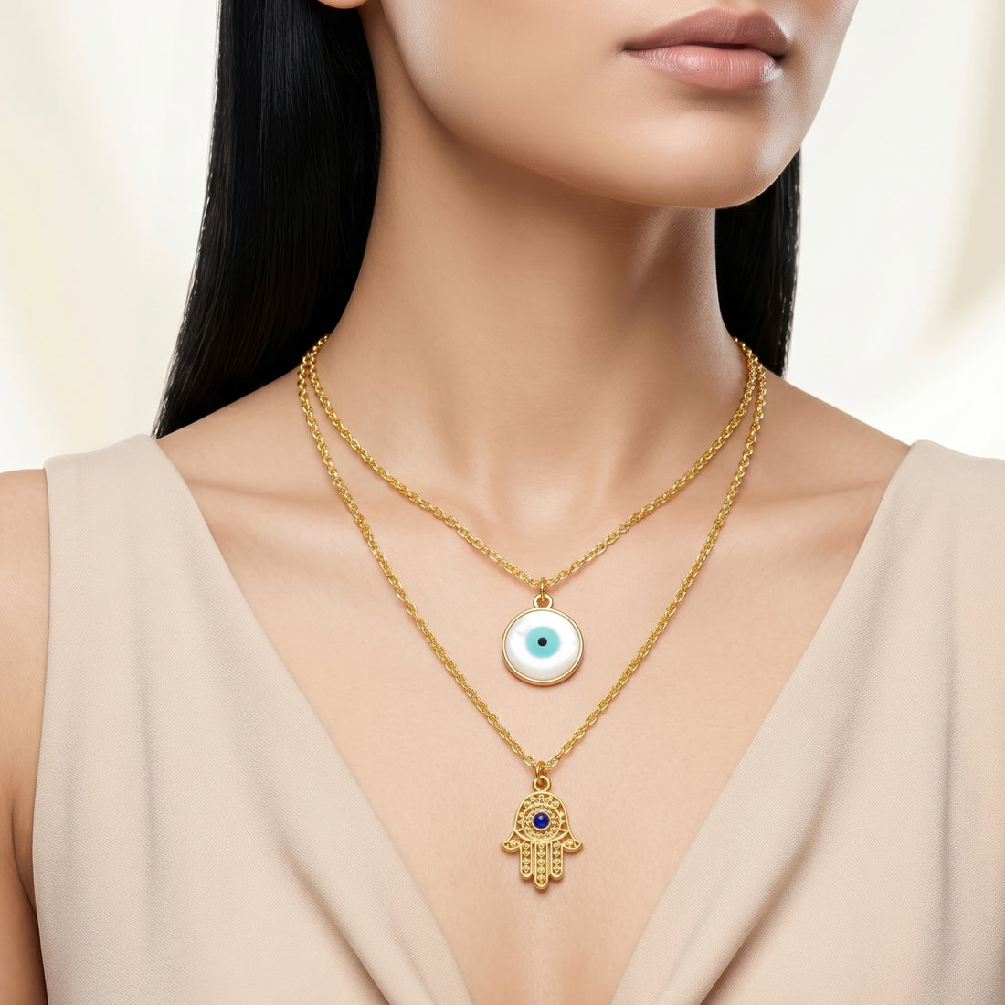 PRAO Necklace Anti-Tarnish Evil Eye Charm & Hamsa Hand Pendant Chain