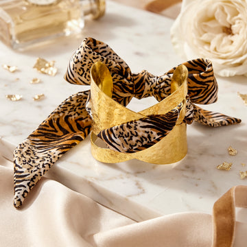 PRAO Bracelet Anti-Tarnish Hammered Golden Cuff With Tiger Print Silk Bow (Adjustable Size)