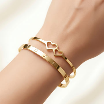 PRAO 2 Bracelets Anti-Tarnish Heart Love Text Bangle (Adjustable Size)