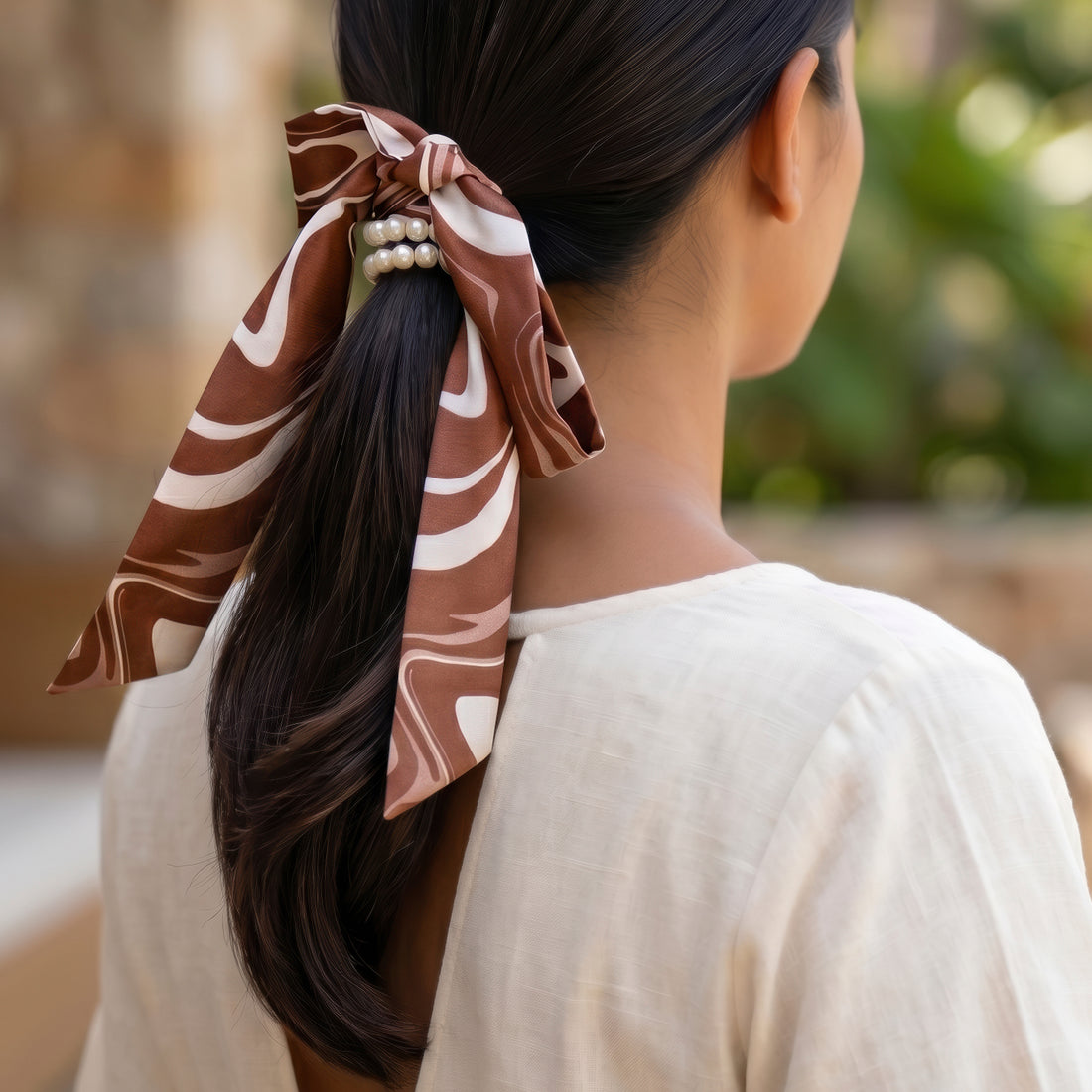 PRAO Necklace Cum Bracelet Anti-Tarnish Brown Printed Scarf With Hanging Faux Pearl Loop