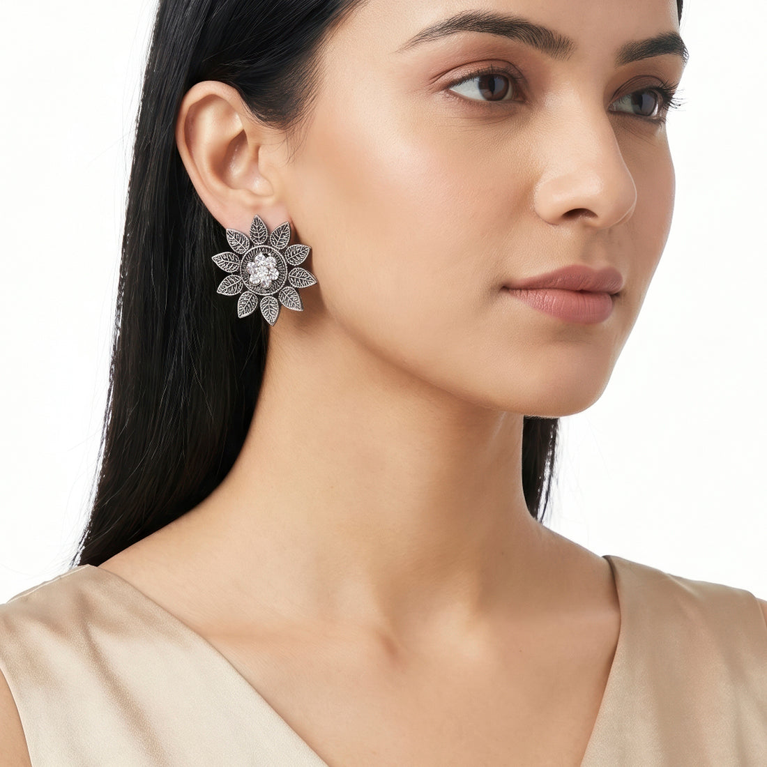 PRAO Earrings Anti-Tarnish Oxidised Floral Studs Crystal Center
