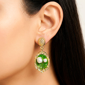 PRAO Earrings Anti-Tarnish Green Leaf Pearl Dangles