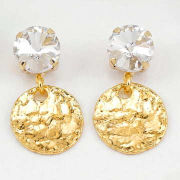 PRAO Earrings Anti-Tarnish Hammered Coin Danglers With White Crystal