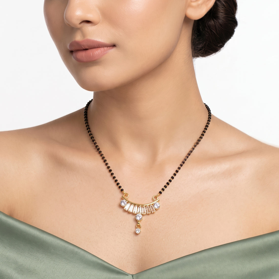 PRAO Necklace Anti-Tarnish Black Bead Mangalsutra With Fan Shaped Crystal Pendant And Dangling Charm