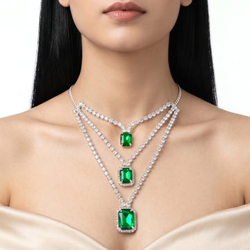 PRAO Necklace Anti-Tarnish Triple-Layered Chain With Emerald-Cut Green Gemstones