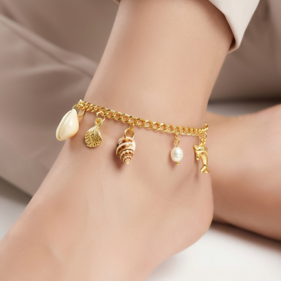 PRAO Anklet Anti-Tarnish Dolphin, Pearl & Cowrie Shell Charms Chain