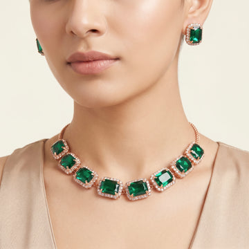 PRAO Necklace Anti-Tarnish Emerald Rectangle Crystal