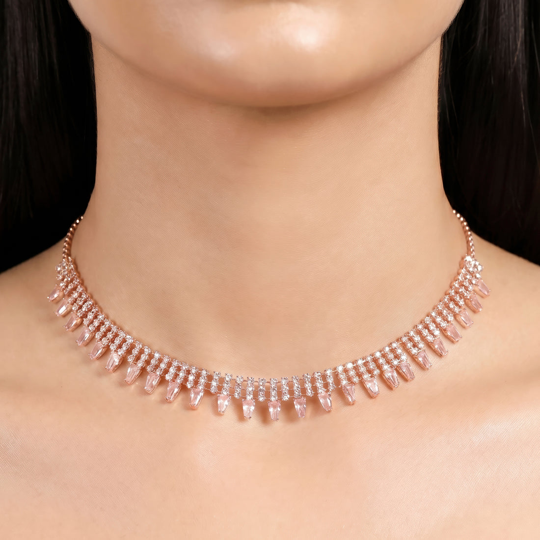 PRAO Necklace Anti-Tarnish Rhinestone Baguette Choker Set With Earrings