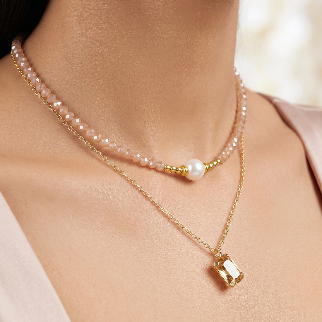 PRAO Necklace Anti-Tarnish Champagne Layered