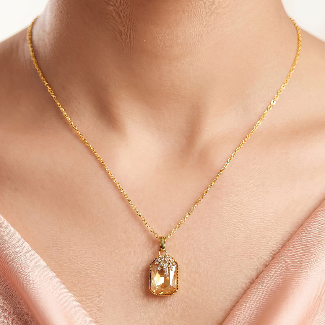 PRAO Necklace Anti-Tarnish Champagne Rectangle Pendant
