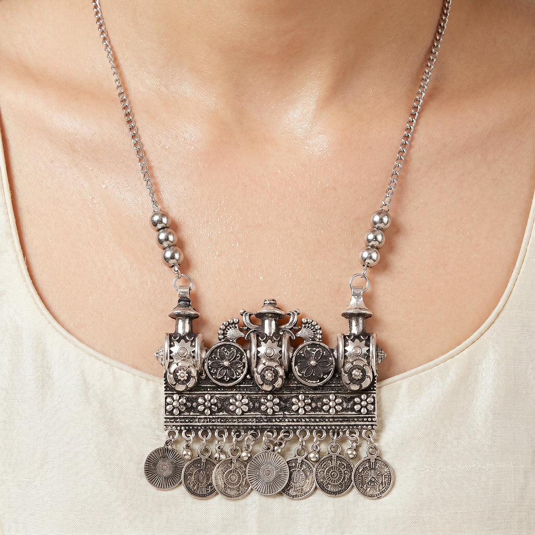 PRAO Necklace Anti-Tarnish Oxidised Floral Coin Set With Earrings