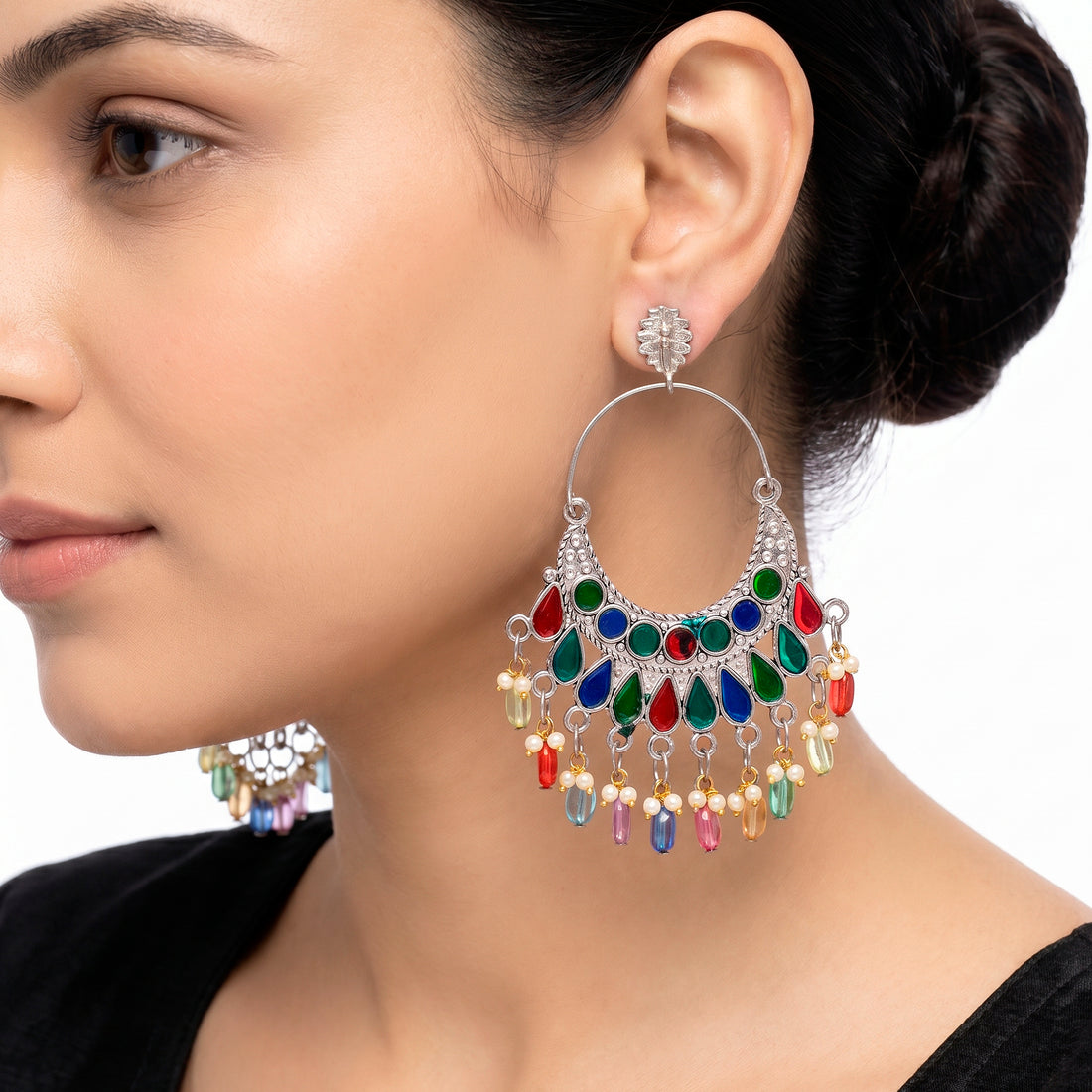 PRAO Earrings Anti-Tarnish Crescent Multi Colored Teardrops Beads