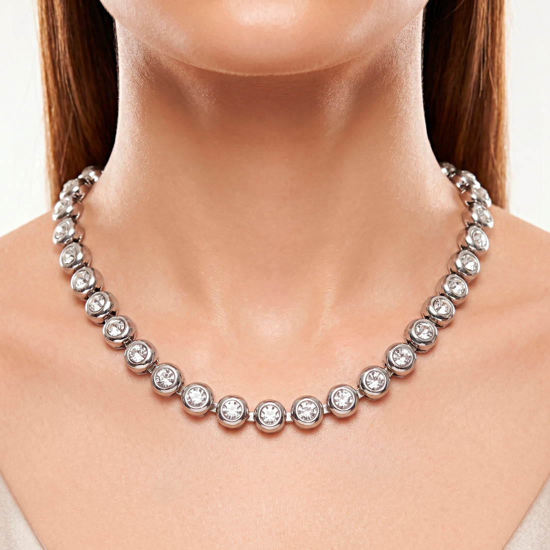 PRAO Necklace Anti-Tarnish Crystal-Encrusted Bezel Chain Single-Line