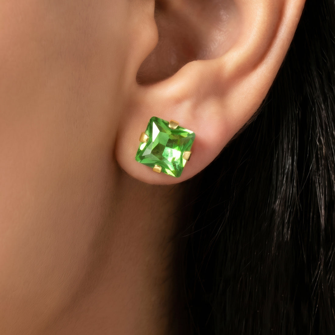PRAO Earrings Anti-Tarnish Cushion Rhinestone Peridot Studs