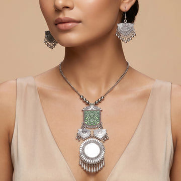 PRAO Necklace Anti-Tarnish Green Enamel Oxidized Set With Earrings