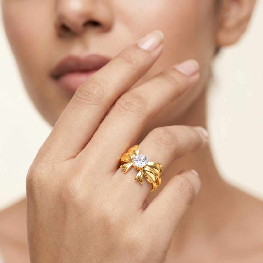 PRAO Ring Anti-Tarnish Bow Design Crystal Center (Adjustable Size)