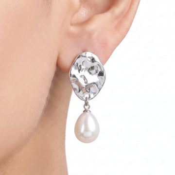 PRAO Earrings Anti-Tarnish Hammered Metal Pearl Drop