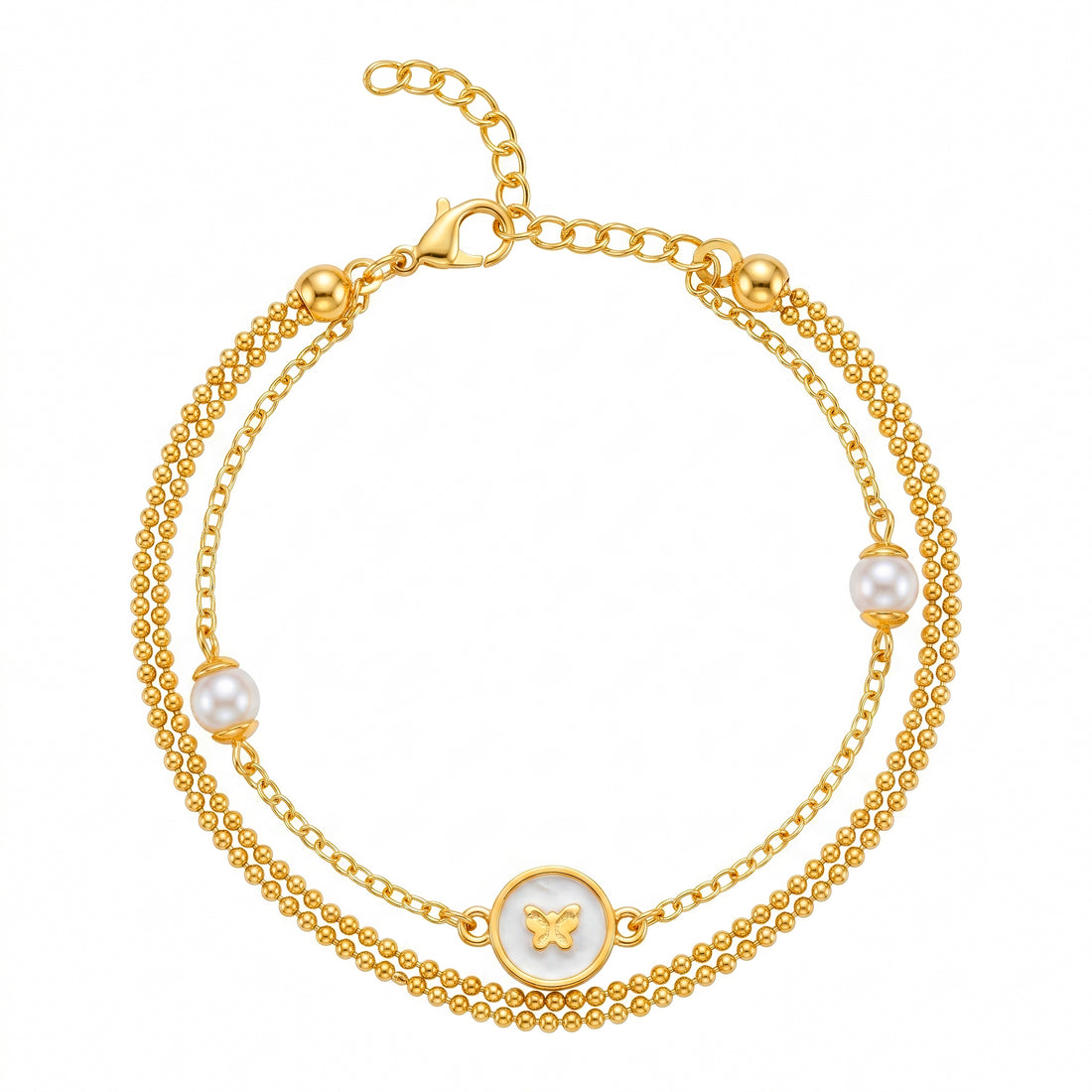 PRAO Anklet Anti-Tarnish Pearl & Butterfly Triple-Strand Chain